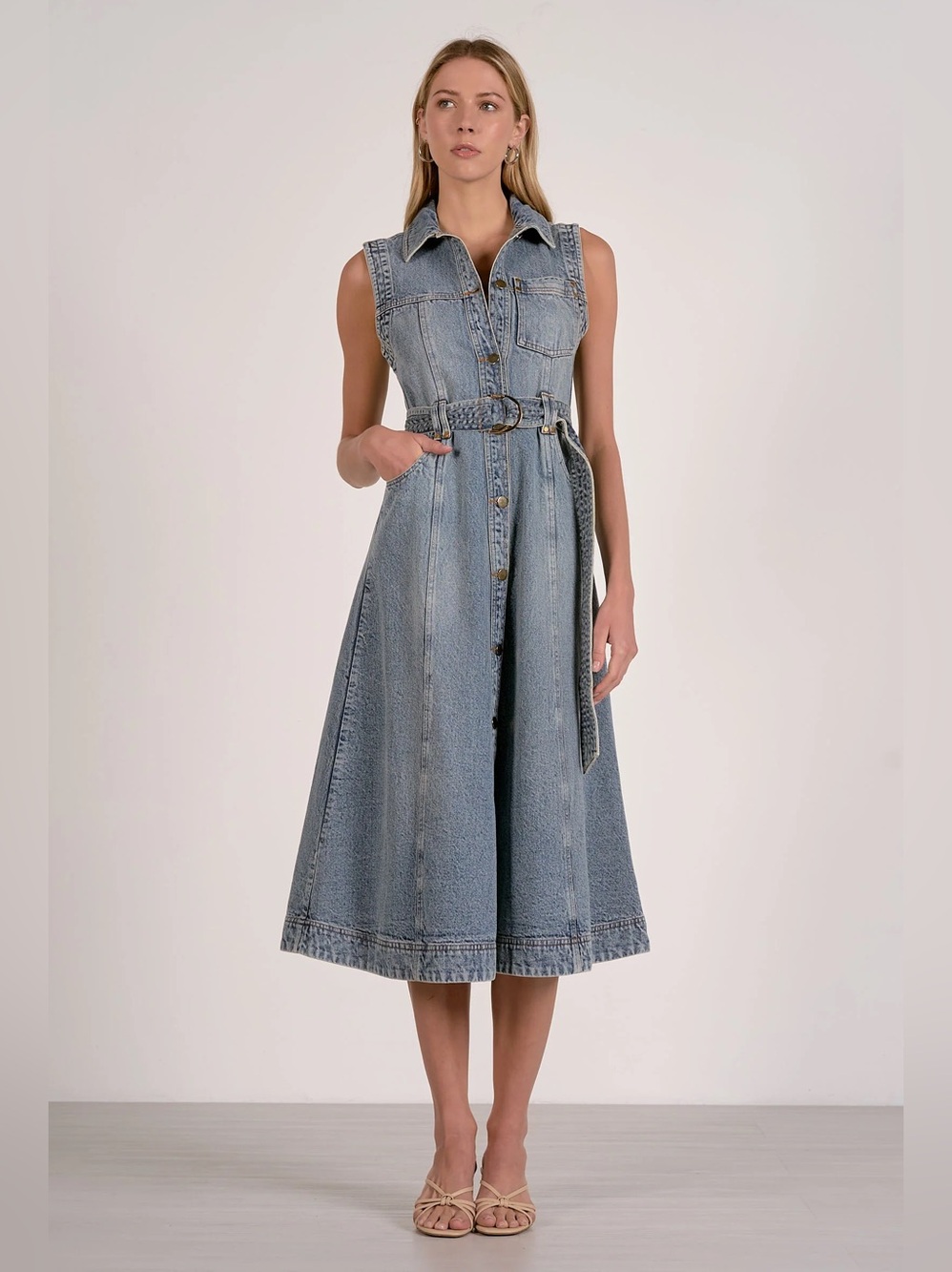 Elan Light Blue Denim Midi Shirt Dress with Belt